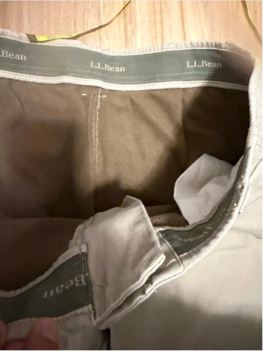 beige L.L.Bean pants feature a durable cotton corduroy exterior and a soft, line